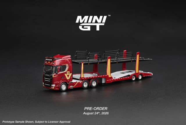 PREORDER SCANIA 770S A6X4NA CAR TRANSPORTER V8 50TH ANNIVERSARY WITH CAR TRANSPORTER RED product image