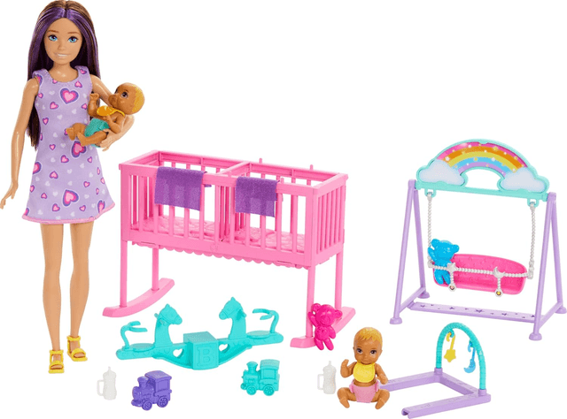 BARBIE SKIPPER DOLL & NURSERY PLAYSET WITH ACCESSORIES, INCLUDES TWIN BABY DOLLS, CRIB, SWING, SEE-SAW & MORE product image