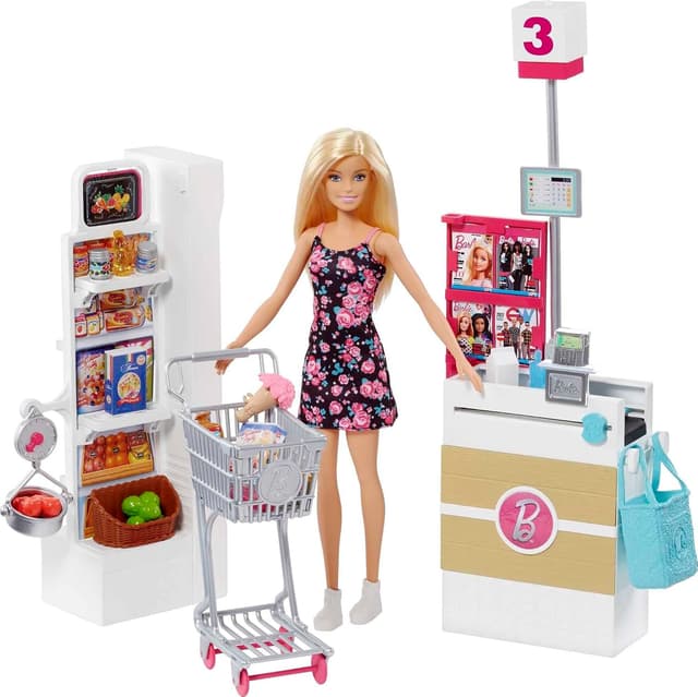 BARBIE DOLL BLONDE AND GROCERY STORE WITH ROLLING CART AND WORKING BELT product image